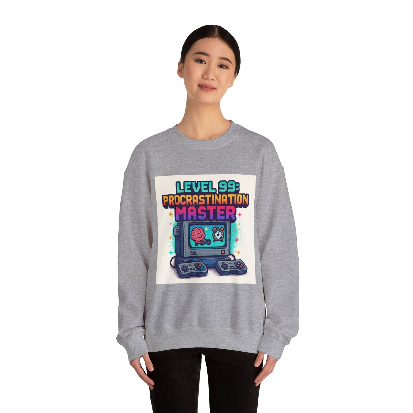 Crewneck Sweatshirt — "Level 99: Procrastination Master" Retro Gamer Graphic